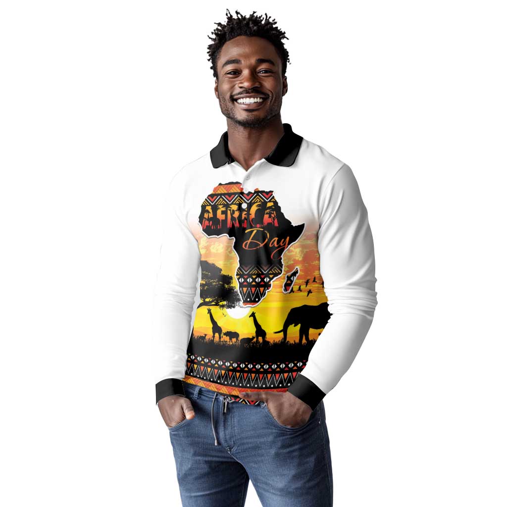 Africa Day Long Sleeve Polo Shirt Safari With Map - African Pattern