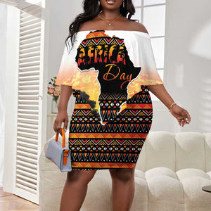 Africa Day Off Shoulder Short Dress Safari With Map - African Pattern