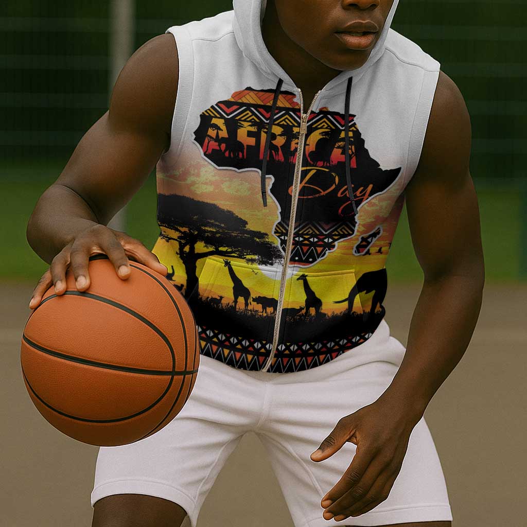 Africa Day Sleeveless Zip Hoodie Safari With Map - African Pattern - African Pride