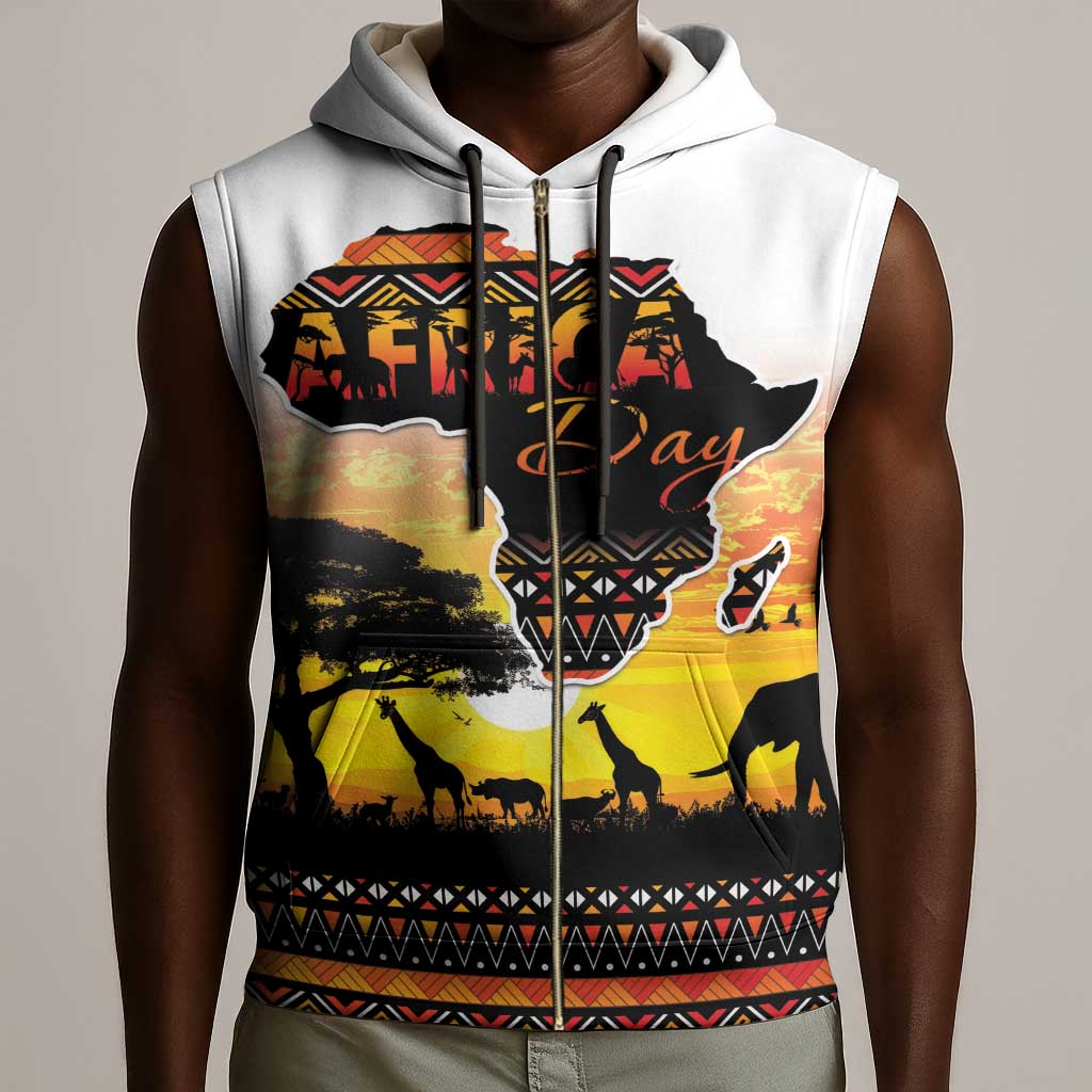 Africa Day Sleeveless Zip Hoodie Safari With Map - African Pattern - African Pride