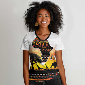 Africa Day Women V-Neck T-Shirt Safari With Map - African Pattern