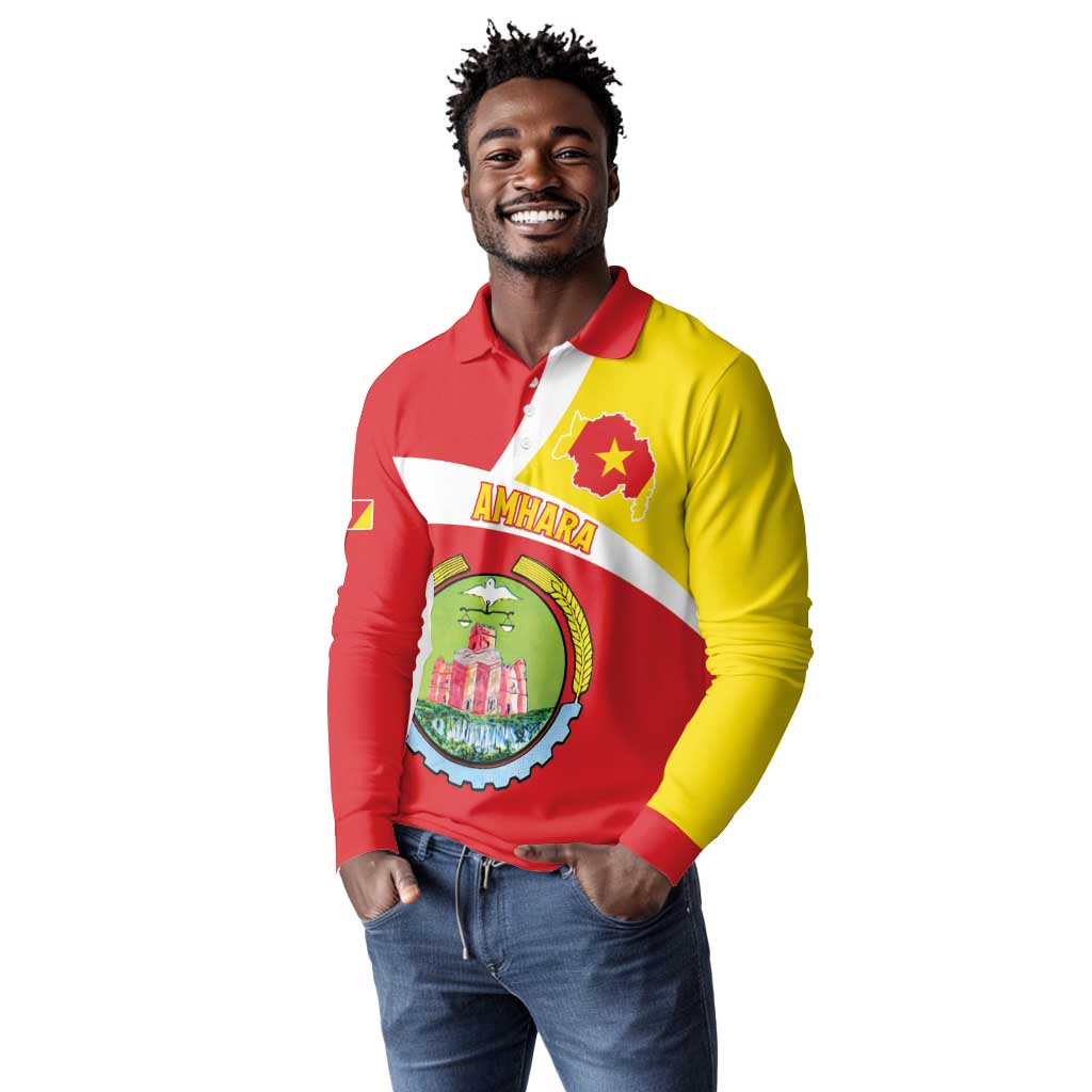 Personalized Amhara Region Long Sleeve Polo Shirt Coat Of Arms With Amhara Map