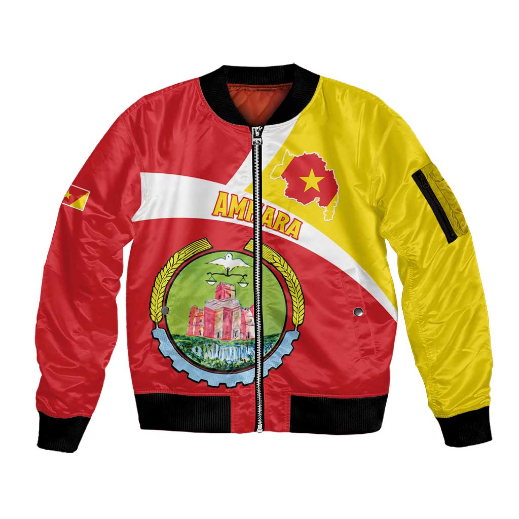 Personalized Amhara Region Sleeve Zip Bomber Jacket Coat Of Arms With Amhara Map