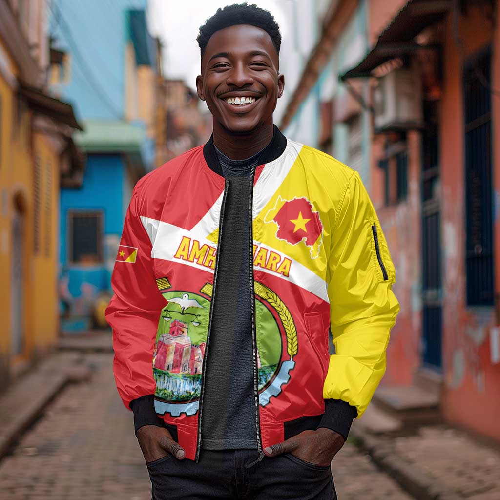 Personalized Amhara Region Sleeve Zip Bomber Jacket Coat Of Arms With Amhara Map