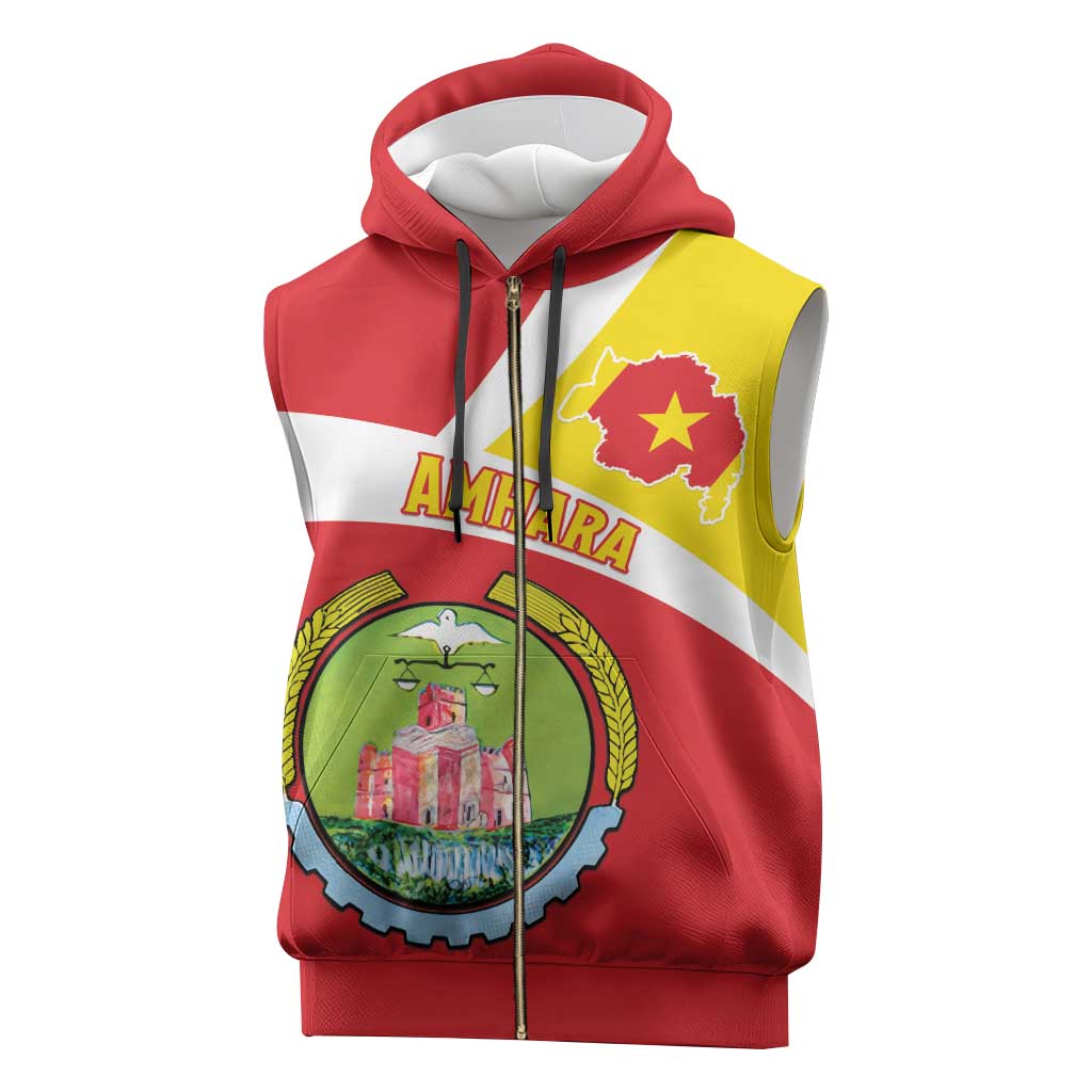 Personalized Amhara Region Sleeveless Zip Hoodie Coat Of Arms With Amhara Map - African Pride