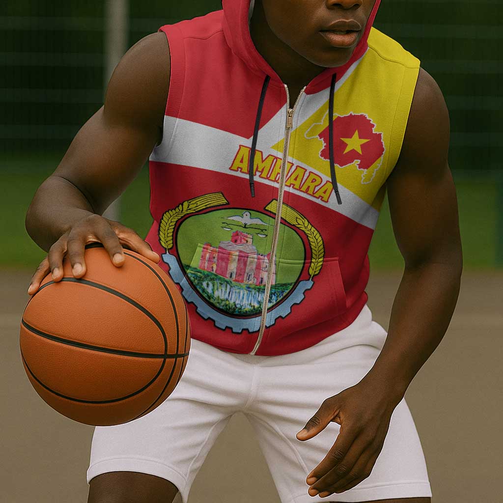 Personalized Amhara Region Sleeveless Zip Hoodie Coat Of Arms With Amhara Map - African Pride