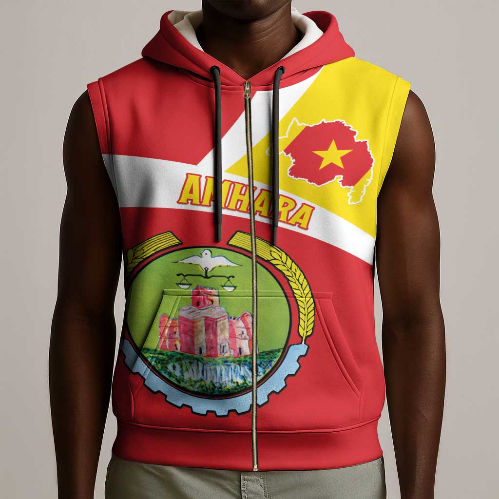 Personalized Amhara Region Sleeveless Zip Hoodie Coat Of Arms With Amhara Map - African Pride