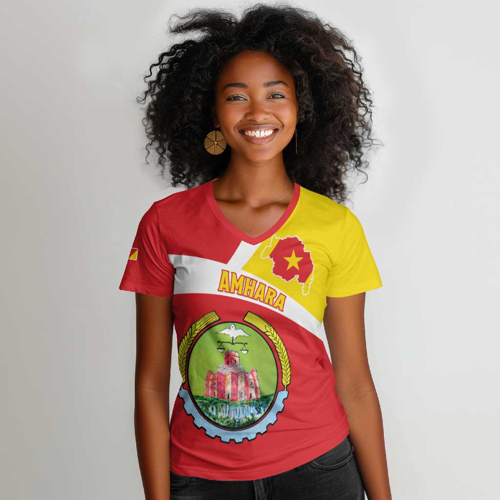 Personalized Amhara Region Women V-Neck T-Shirt Coat Of Arms With Amhara Map