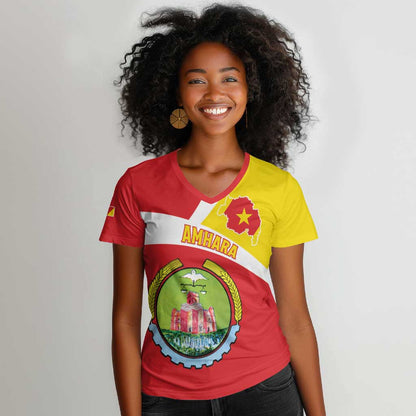 Personalized Amhara Region Women V-Neck T-Shirt Coat Of Arms With Amhara Map