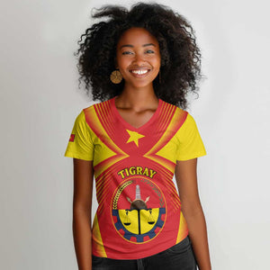 Personalized Tigray Region Women V-Neck T-Shirt Coat Of Arms With Tigray Map