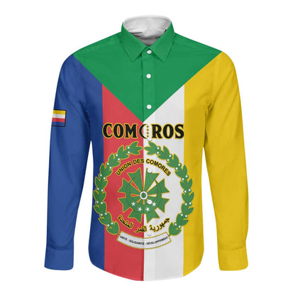 Comoros Coat Of Arms Flag Style Long Sleeve Button Shirt