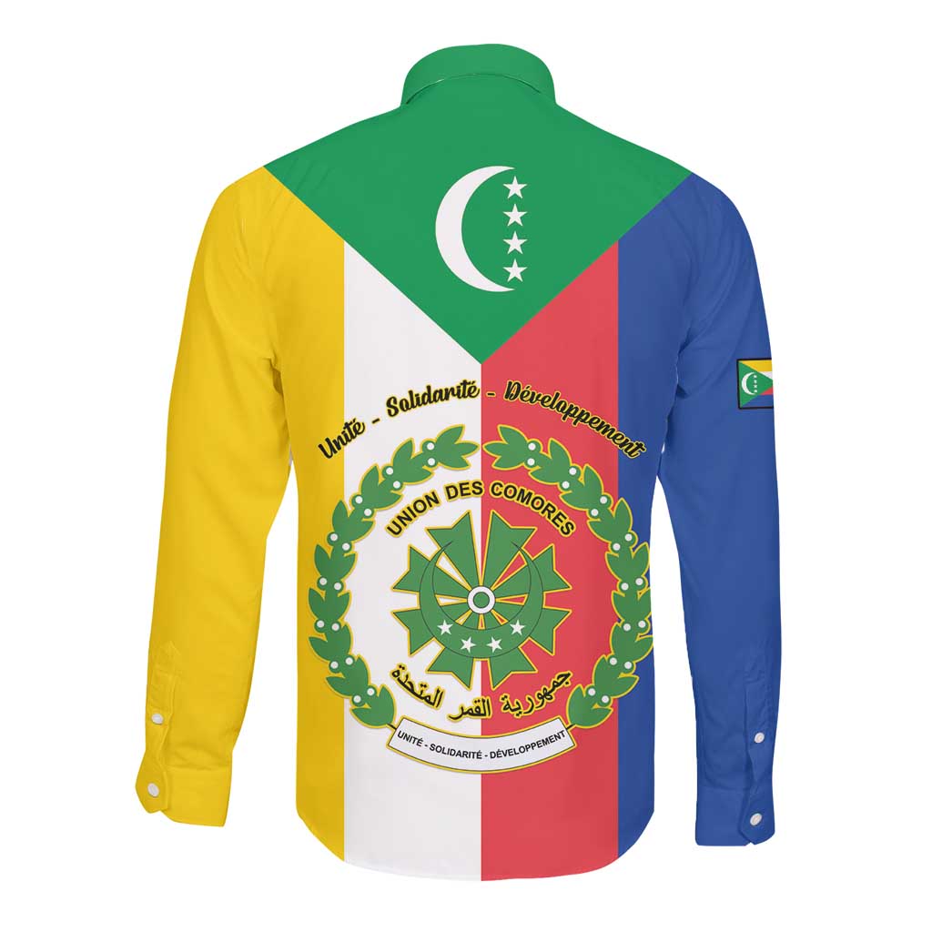 Comoros Coat Of Arms Flag Style Long Sleeve Button Shirt