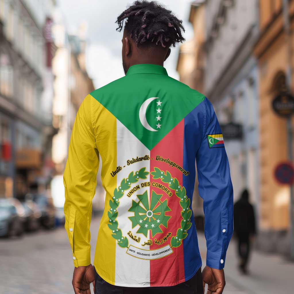 Comoros Coat Of Arms Flag Style Long Sleeve Button Shirt