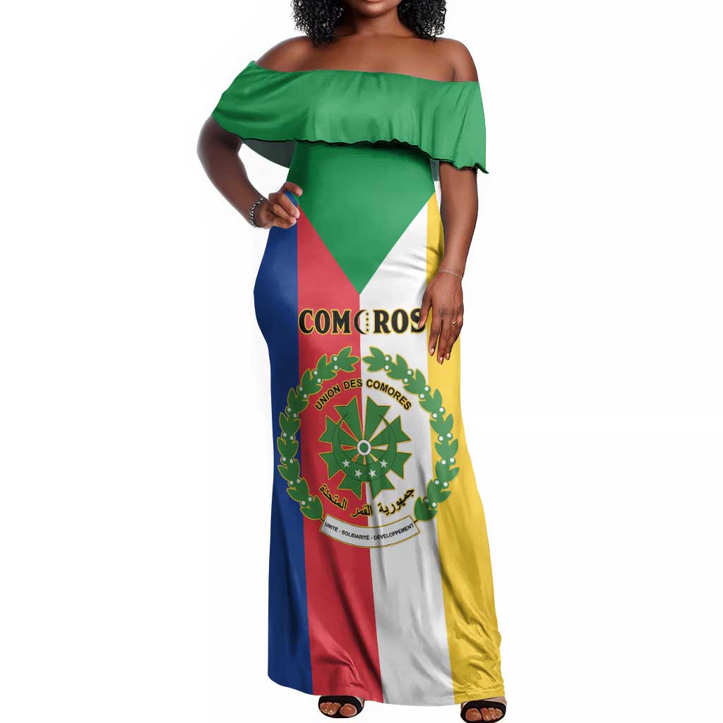 Comoros Coat Of Arms Flag Style Off Shoulder Maxi Dress