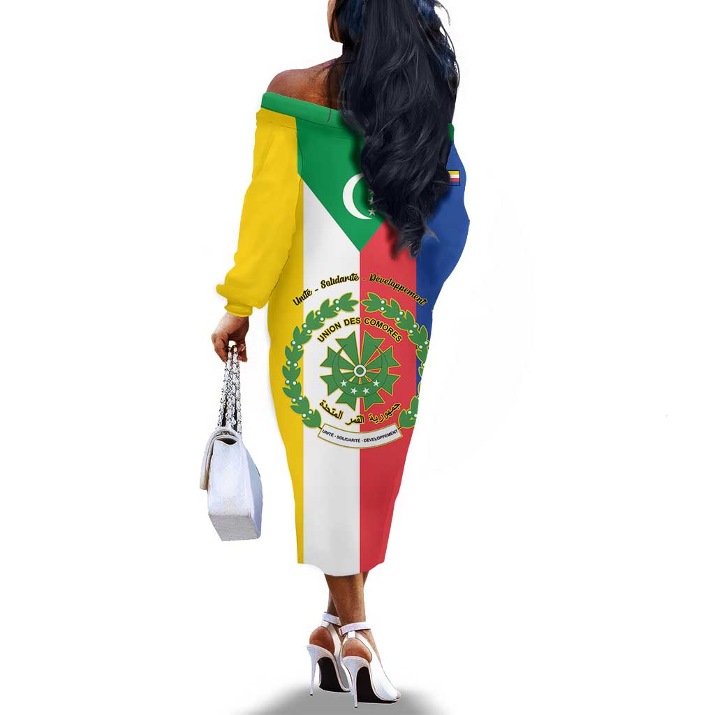 Comoros Coat Of Arms Flag Style Off The Shoulder Long Sleeve Dress