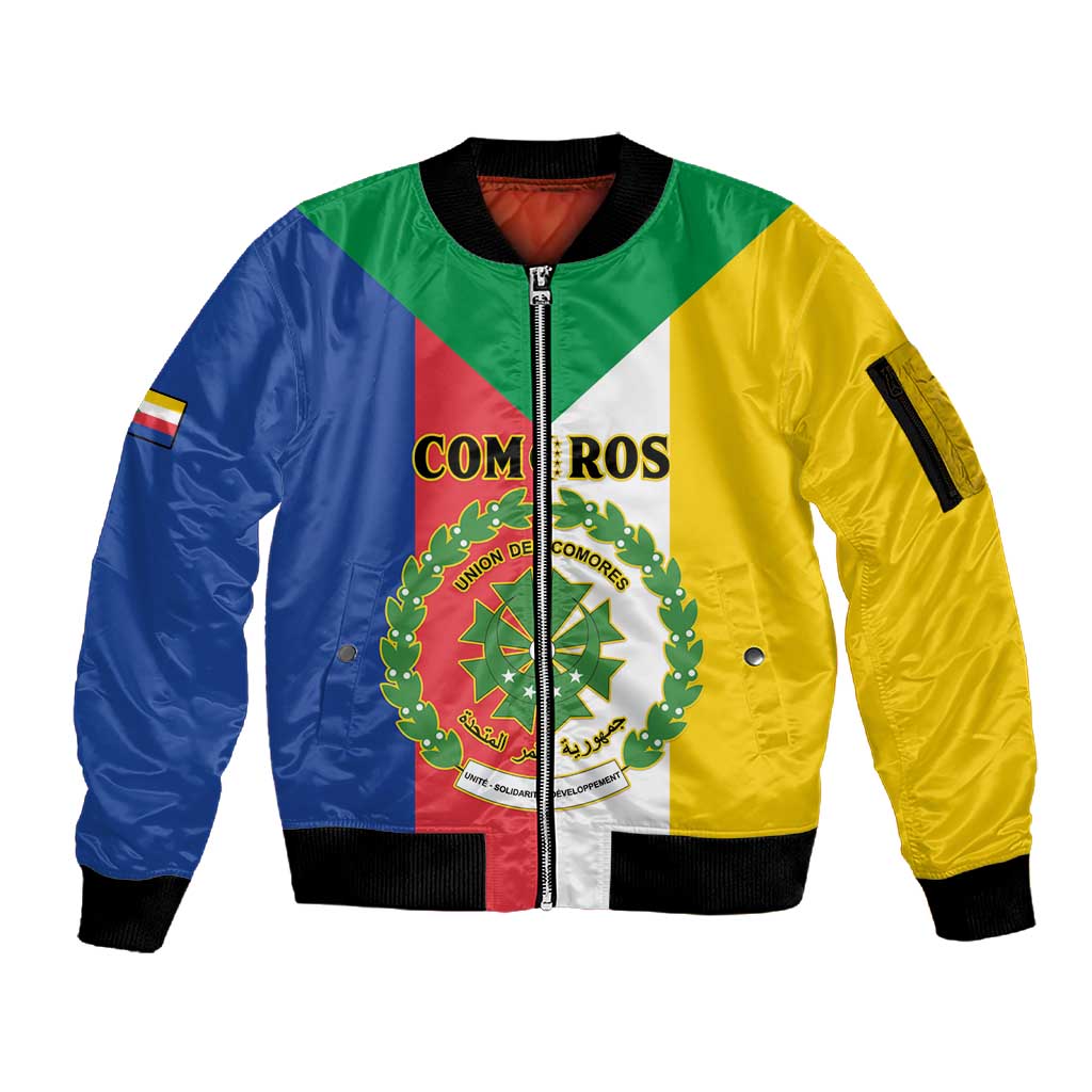 Comoros Coat Of Arms Flag Style Sleeve Zip Bomber Jacket