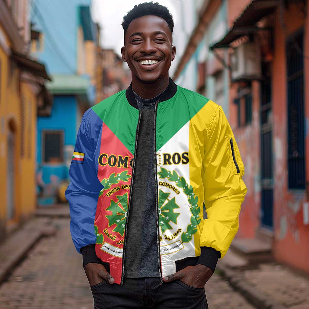 Comoros Coat Of Arms Flag Style Sleeve Zip Bomber Jacket