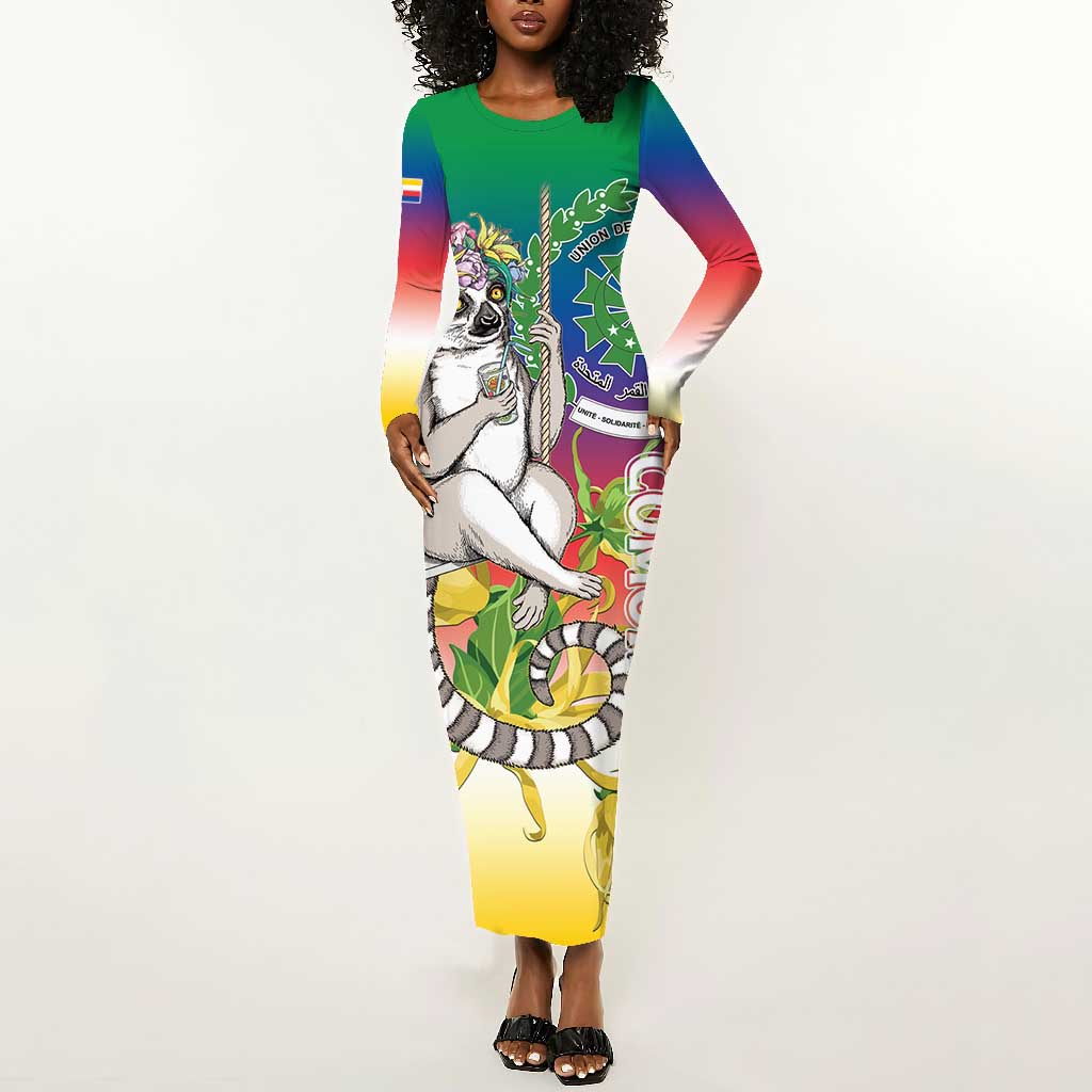 Comoros Long Sleeve Bodycon Dress Mongoose Lemur With Ylang Ylang LT15
