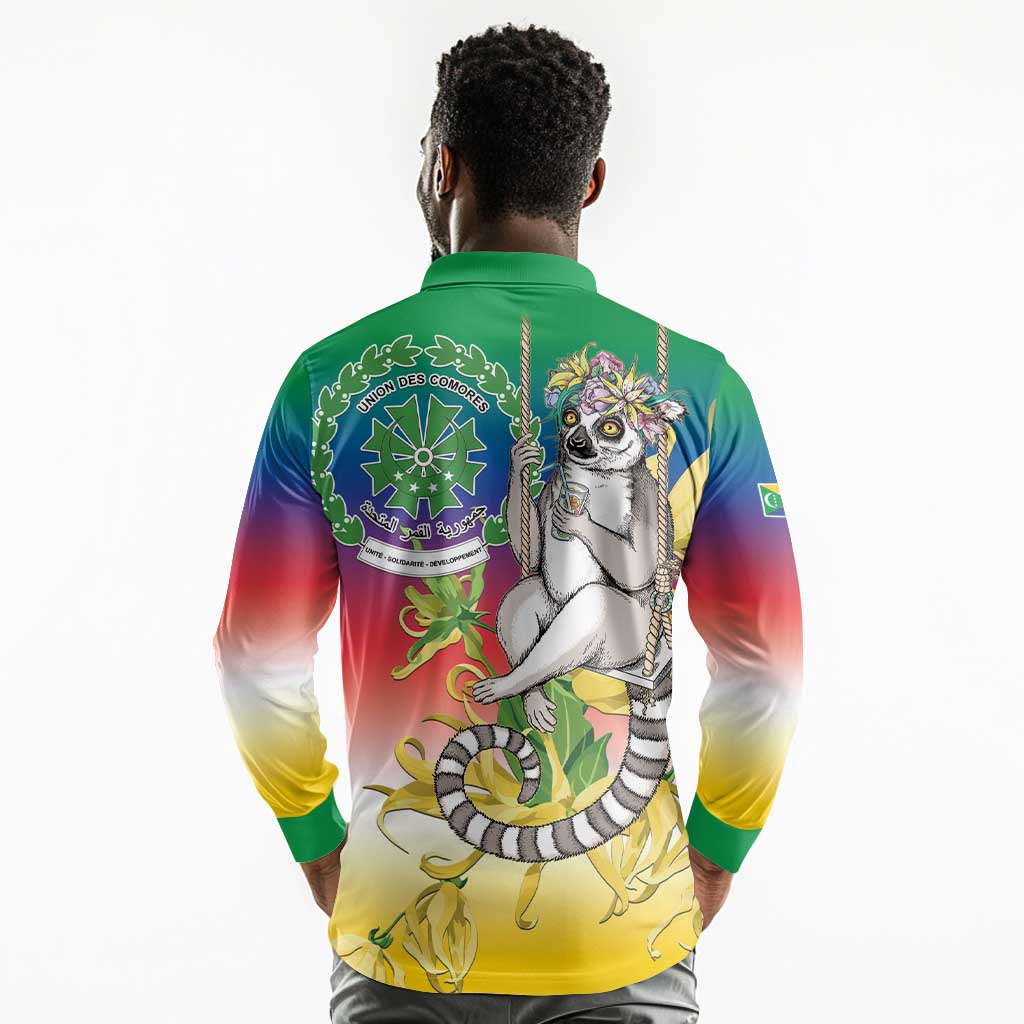 Comoros Long Sleeve Polo Shirt Mongoose Lemur With Ylang Ylang