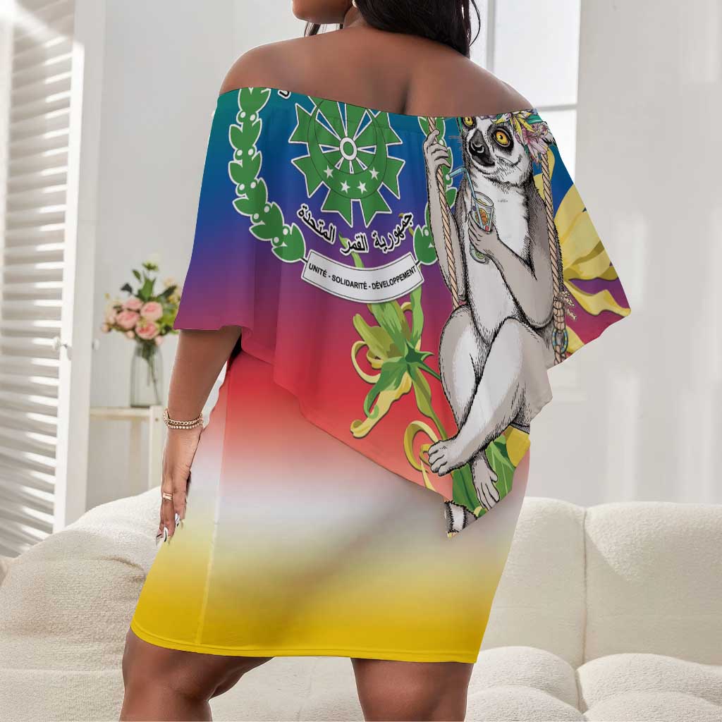 Comoros Off Shoulder Short Dress Mongoose Lemur With Ylang Ylang