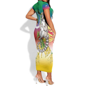 Comoros Short Sleeve Bodycon Dress Mongoose Lemur With Ylang Ylang LT15