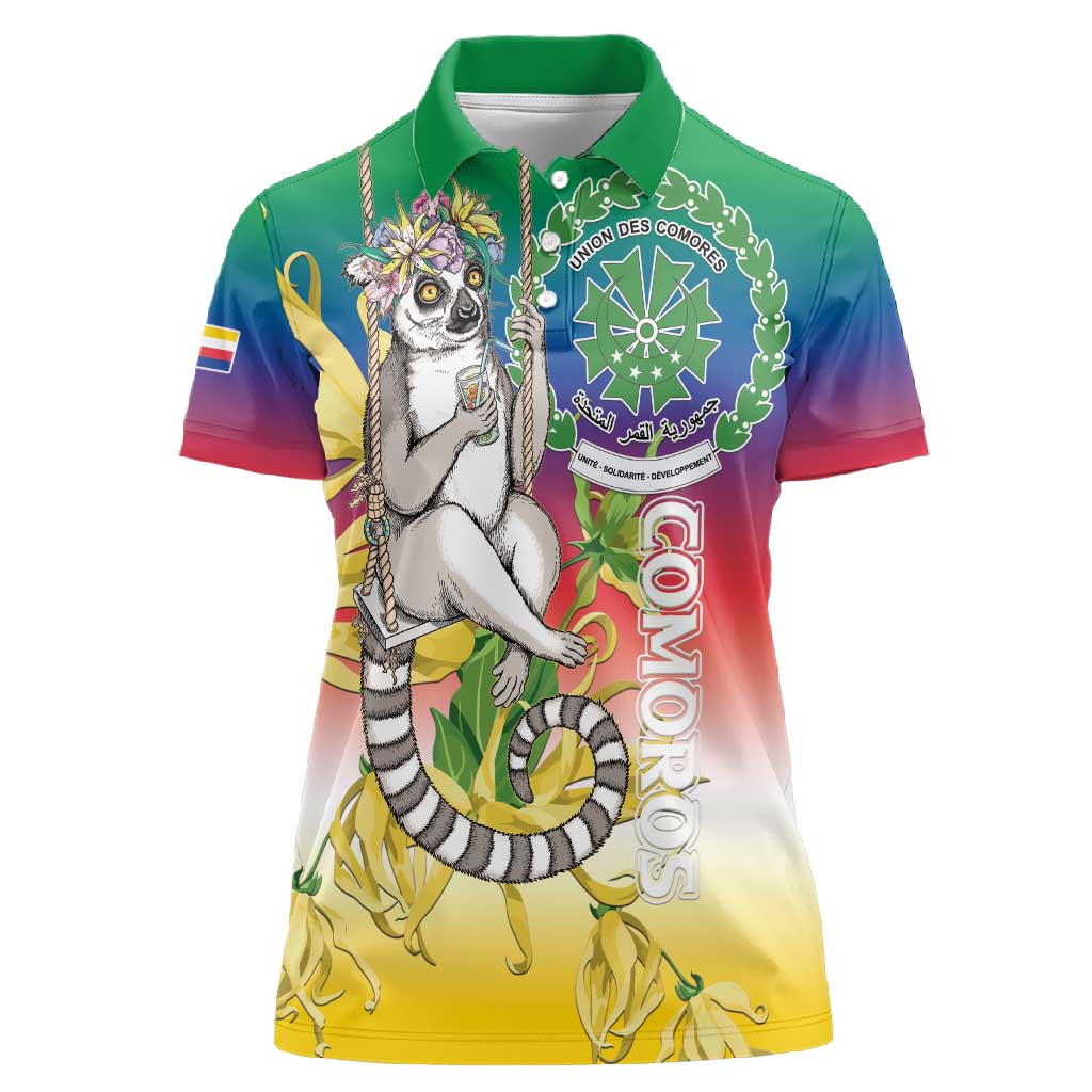 Comoros Women Polo Shirt Mongoose Lemur With Ylang Ylang