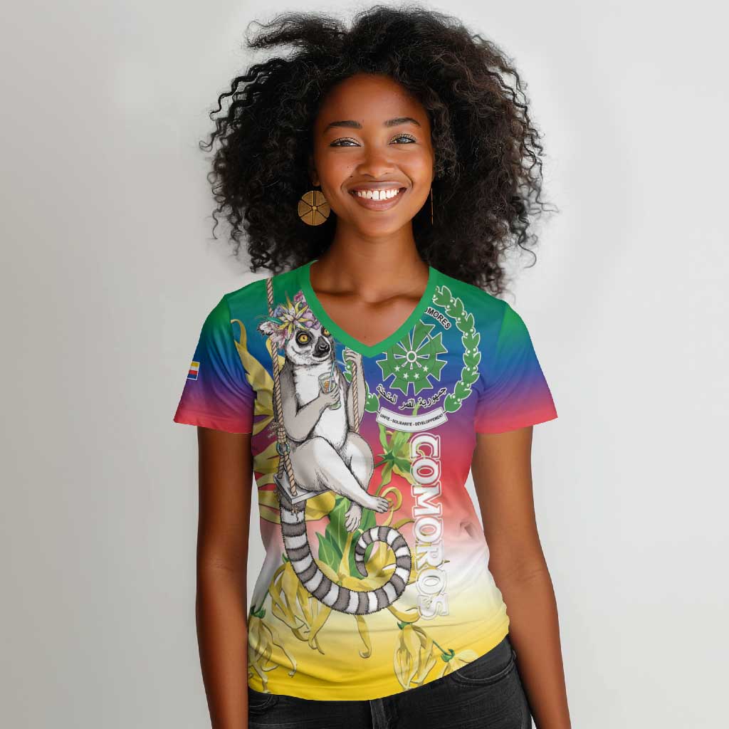Comoros Women V-Neck T-Shirt Mongoose Lemur With Ylang Ylang