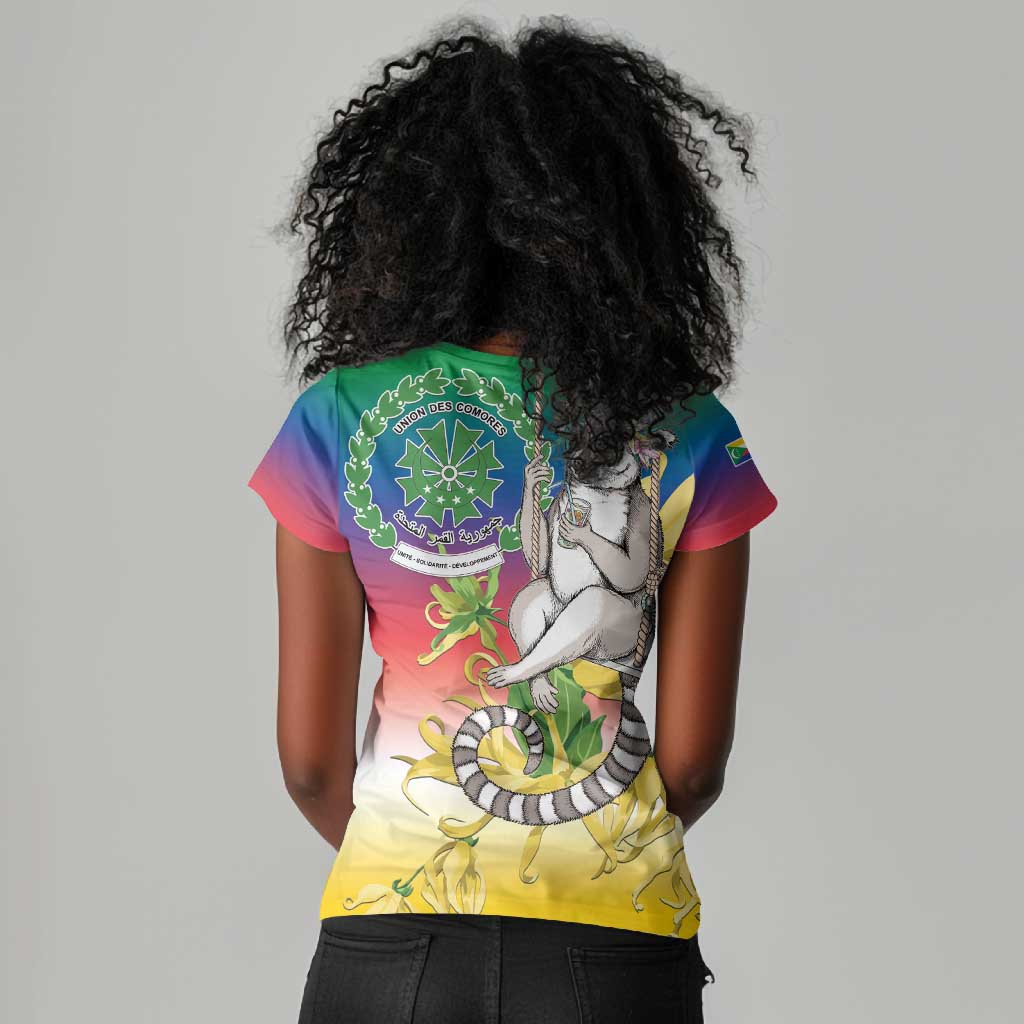 Comoros Women V-Neck T-Shirt Mongoose Lemur With Ylang Ylang