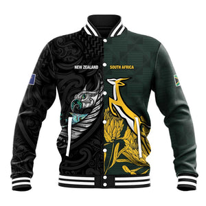 New Zealand vs South Africa Rugby Custom Baseball Jacket Maori - African Pattern