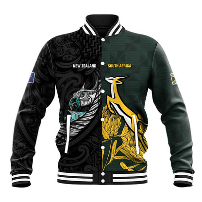 New Zealand vs South Africa Rugby Custom Baseball Jacket Maori - African Pattern