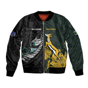 New Zealand vs South Africa Rugby Custom Bomber Jacket Maori - African Pattern