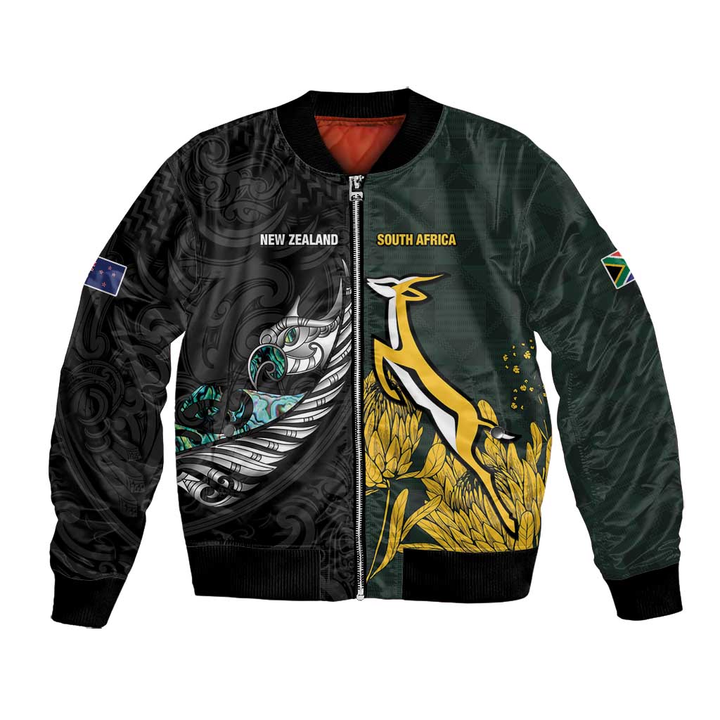 New Zealand vs South Africa Rugby Custom Bomber Jacket Maori - African Pattern