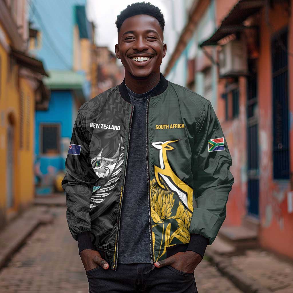 New Zealand vs South Africa Rugby Custom Bomber Jacket Maori - African Pattern