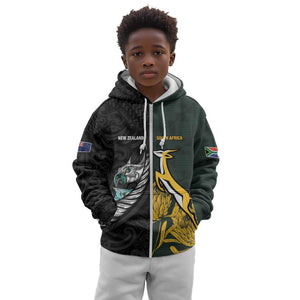 New Zealand vs South Africa Rugby Custom Kid Hoodie Maori - African Pattern