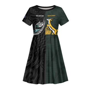 New Zealand vs South Africa Rugby Custom Kid Short Sleeve Dress Maori - African Pattern