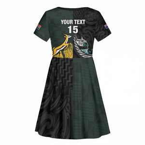 New Zealand vs South Africa Rugby Custom Kid Short Sleeve Dress Maori - African Pattern