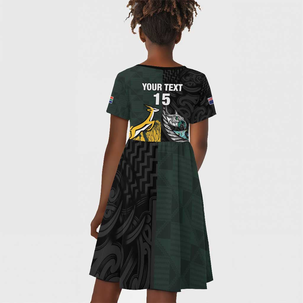 New Zealand vs South Africa Rugby Custom Kid Short Sleeve Dress Maori - African Pattern