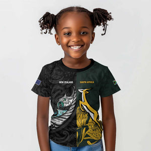 New Zealand vs South Africa Rugby Custom Kid T shirt Maori - African Pattern