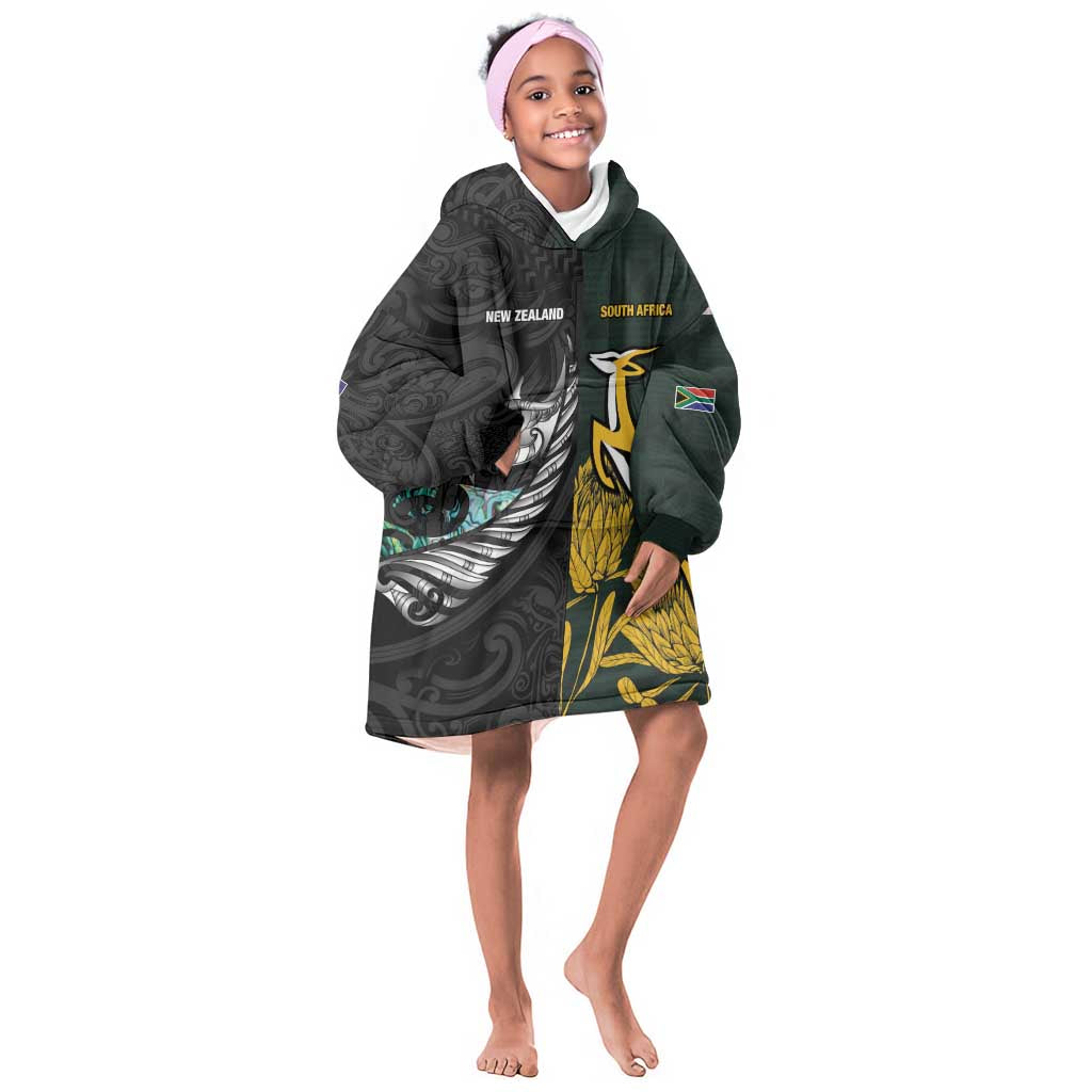 New Zealand vs South Africa Rugby Custom Kid Wearable Blanket Hoodie Maori - African Pattern