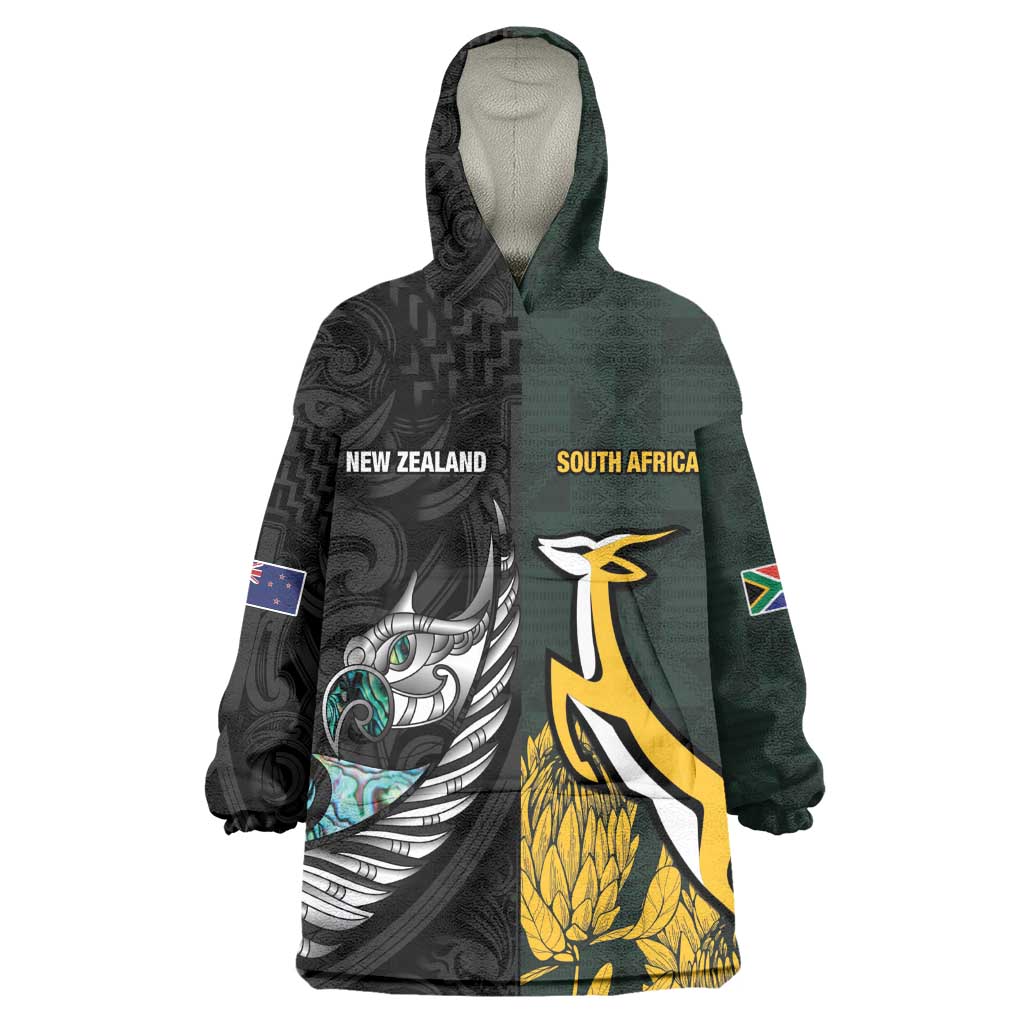 New Zealand vs South Africa Rugby Custom Kid Wearable Blanket Hoodie Maori - African Pattern