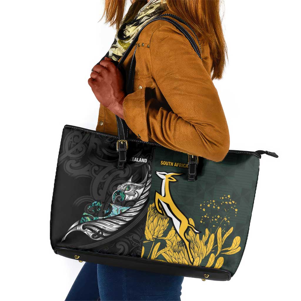 New Zealand vs South Africa Rugby Leather Tote Bag Maori - African Pattern