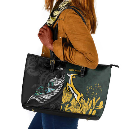 New Zealand vs South Africa Rugby Leather Tote Bag Maori - African Pattern