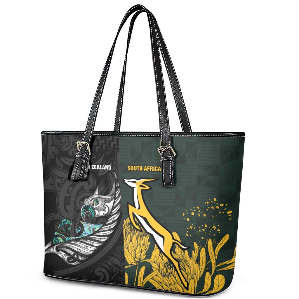New Zealand vs South Africa Rugby Leather Tote Bag Maori - African Pattern