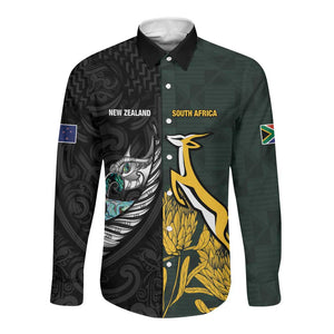 New Zealand vs South Africa Rugby Custom Long Sleeve Button Shirt Maori - African Pattern