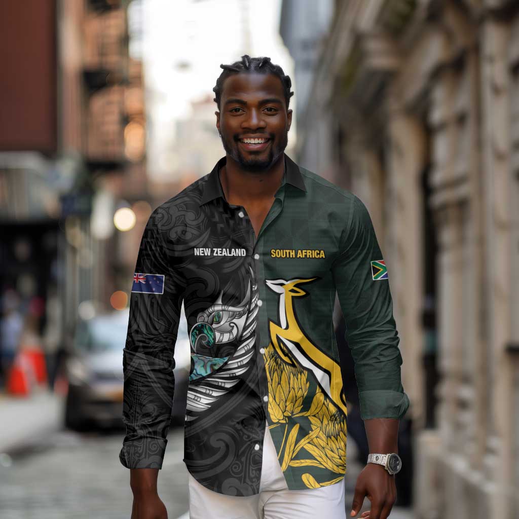New Zealand vs South Africa Rugby Custom Long Sleeve Button Shirt Maori - African Pattern