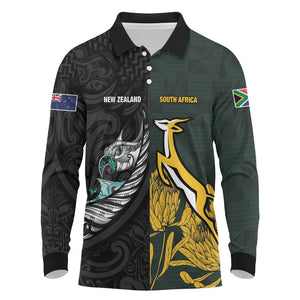 New Zealand vs South Africa Rugby Custom Long Sleeve Polo Shirt Maori - African Pattern