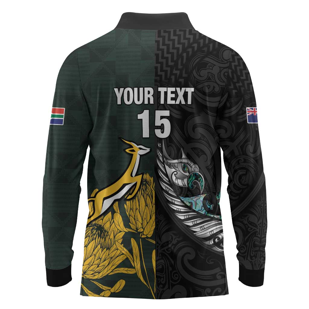 New Zealand vs South Africa Rugby Custom Long Sleeve Polo Shirt Maori - African Pattern