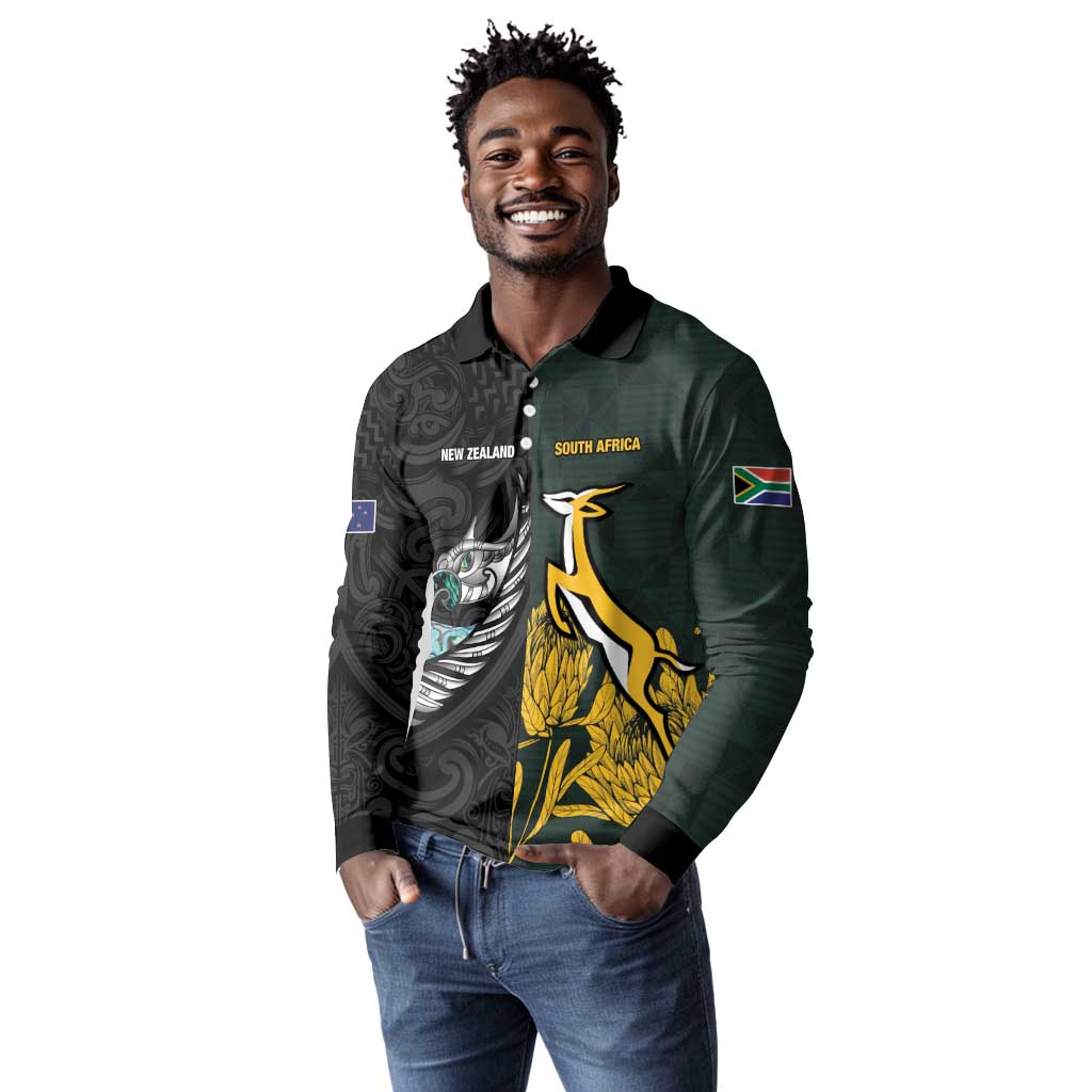 New Zealand vs South Africa Rugby Custom Long Sleeve Polo Shirt Maori - African Pattern
