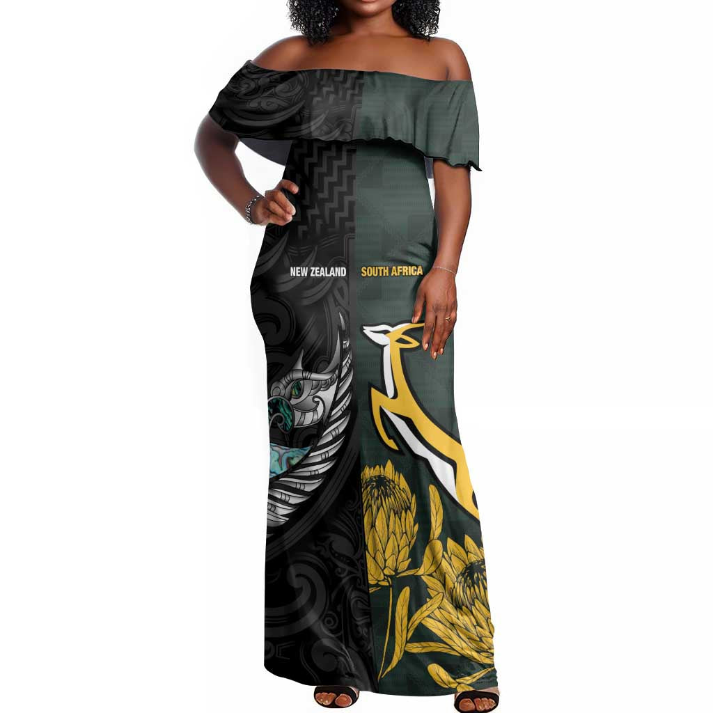 New Zealand vs South Africa Rugby Custom Off Shoulder Maxi Dress Maori - African Pattern