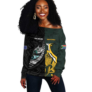 New Zealand vs South Africa Rugby Custom Off Shoulder Sweater Maori - African Pattern